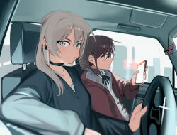 2girls black_choker black_sweater blue_eyes blush brown_hair car_interior cellphone choker closed_mouth commentary earclip girls_band_cry grey_eyes grey_hair group_name haidao_mao hair_between_eyes highres holding holding_phone holding_steering_wheel hood hood_down hooded_jacket iseri_nina jacket kawaragi_momoka long_hair looking_at_viewer low_twintails multiple_girls open_clothes open_jacket phone red_jacket shirt short_hair short_twintails smartphone sweater twintails white_shirt