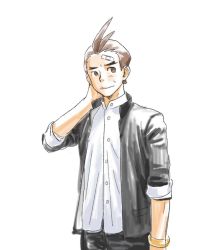 Rule 34 | 1boy, ace attorney, antenna hair, apollo justice, arm behind head, bandaid, bandaid on face, black jacket, black pants, bracelet, brown hair, buttons, closed mouth, collared shirt, cowboy shot, forehead, forked eyebrows, godzillapigeon1, hand up, highres, jacket, jewelry, light blush, looking to the side, male focus, matching hair/eyes, open clothes, open jacket, pants, phoenix wright: ace attorney - spirit of justice, pocket, shirt, short hair, simple background, sketch, sleeves rolled up, solo, standing, sweat, white background, white shirt
