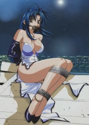 Rule 34 | anklet, bdsm, blue hair, bondage, bound, breasts, brown eyes, chidori kaname, china dress, chinese clothes, cross, dress, elbow gloves, full metal panic!, gag, gagged, gloves, high heels, jewelry, large breasts, long hair, necklace, rope, shoes, third-party edit