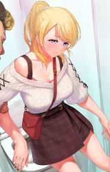 Rule 34 | 1boy, 1girl, a1 (initial-g), arm grab, ayase eli, bag, blonde hair, blue eyes, breasts, brown skirt, cleavage, collarbone, cosplay, drunk, hair ornament, hair scrunchie, hololive, large breasts, looking down, love live!, love live! school idol project, plaid, plaid skirt, ponytail, raglan sleeves, scrunchie, shirogane noel, shirogane noel (casual), shirogane noel (cosplay), short hair, skirt, solo focus, sweat, sweater, toilet, virtual youtuber, white scrunchie, white sweater