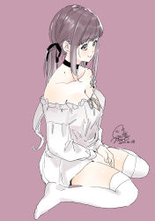 Rule 34 | 1girl, absurdres, between legs, black choker, breasts, brown hair, choker, cleavage, closed mouth, dated, dress, from side, geshumaro, grey dress, grey eyes, hand between legs, highres, large breasts, looking at viewer, looking to the side, low twintails, mole, mole on neck, off-shoulder dress, off shoulder, original, own hands together, red background, short dress, signature, simple background, sitting, smile, solo, thighhighs, twintails, wariza, white thighhighs