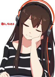 Rule 34 | 1girl, 4690 (tkpbsk), akagi (kancolle), breasts, brown hair, closed eyes, closed mouth, head rest, headphones, kantai collection, large breasts, listening to music, long hair, official alternate costume, one-hour drawing challenge, shirt, simple background, solo, striped clothes, striped shirt, twitter username, upper body, white background
