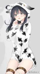 Rule 34 | 10s, 1girl, animal costume, animal ears, animal print, black hair, blush, breasts, covering privates, covering crotch, cow costume, cow print, cow tail, grey background, hood, hoodie, kantai collection, large breasts, open mouth, pun, rabbit print, sino (sionori), solo, sweatdrop, tail, thigh strap, twitter username, ushio (kancolle)