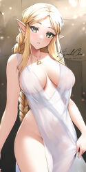 Rule 34 | 1girl, absurdres, artist name, azuukichan, bare shoulders, blonde hair, blush, braid, breasts, collarbone, covered navel, cowboy shot, dress, green eyes, highres, jewelry, large breasts, long hair, looking at viewer, necklace, nintendo, parted bangs, parted lips, pointy ears, princess zelda, sidelocks, single braid, skirt hold, sleeveless, sleeveless dress, solo, the legend of zelda, thighs, triforce, white dress