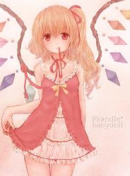 Rule 34 | 1girl, alternate costume, babydoll, bad id, bad pixiv id, bare arms, bebitera, blonde hair, breasts, character name, cleavage, collarbone, cowboy shot, expressionless, flandre scarlet, hair ribbon, lingerie, looking at viewer, mouth hold, petticoat, pink background, red eyes, ribbon, ribbon in mouth, short hair, side ponytail, simple background, small breasts, solo, touhou, underwear, wings
