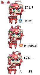 Rule 34 | 1girl, :3, ahoge, animal ears, cat ears, chibi, closed mouth, detached ears, emoji, flower, green eyes, hair between eyes, hair flower, hair ornament, holding, hololive, japanese clothes, kanikama, kemonomimi mode, kimono, multiple views, one side up, outstretched arms, pink flower, pink thighhighs, pleated skirt, red hair, red skirt, sakura miko, sakura miko (old design), simple background, skirt, sleeveless, sleeveless kimono, standing, thighhighs, translated, virtual youtuber, white background, white kimono