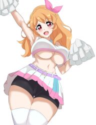 Rule 34 | 1girl, :d, absurdres, aikatsu!, aikatsu! (series), armpits, arms up, belt, between breasts, blush, bow, braid, breasts, cheerleader, crop top, crop top overhang, crown braid, eine (ein-faust), happy, highres, holding, holding pom poms, large breasts, long hair, looking at viewer, midriff, miniskirt, open mouth, orange hair, ozora akari, pink bow, pink eyes, pom pom (cheerleading), pom poms, purple belt, shirt, simple background, skirt, smile, solo, stomach, thighhighs, thighs, white background, white shirt, white skirt