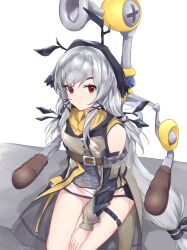 Rule 34 | 1girl, arknights, bare shoulders, commentary request, dress, f.l.u.d.d., grey dress, grey hair, highres, kyl490, long hair, long sleeves, looking at viewer, low-tied long hair, mario (series), nintendo, red eyes, sitting, solo, super mario sunshine, thigh strap, thighs, very long hair, weedy (arknights), white background