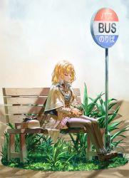 Rule 34 | blonde hair, blouse, brown capelet, brown coat, brown footwear, brown skirt, brown thighhighs, bus stop sign, capelet, closed eyes, closed mouth, coat, collared shirt, full body, grass, hair ornament, hat, unworn hat, unworn headwear, high-waist skirt, highres, holding, holding plant, hololive, hololive english, necktie, on bench, outdoors, plaid, plaid skirt, plant, pleated skirt, potted plant, quasarcake, red necktie, shirt, shoes, short necktie, skirt, stethoscope, thighhighs, virtual youtuber, watson amelia, white shirt