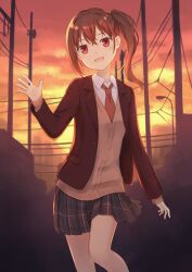 Rule 34 | 104, 1girl, :d, black jacket, blazer, blush, brown cardigan, brown hair, cardigan, cloud, collared shirt, commentary request, cowboy shot, crossed bangs, grey skirt, highres, jacket, lamppost, long sleeves, looking at viewer, necktie, open clothes, open jacket, open mouth, original, plaid, plaid skirt, power lines, red necktie, school uniform, shirt, side ponytail, skirt, smile, solo, standing, sunset, utility pole, waving, white shirt