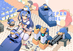 Rule 34 | 1girl, armor, blue hair, blueprint (object), boots, unworn boots, bullet, cannon, cigarette, cosmic break, dress, earmuffs, funnel, gun, hair ornament, highres, long hair, looking at viewer, machinery, mascot, mecha, open mouth, pepen, pepen girl, polka dot, polka dot background, robot, room, scar, scarf, screwdriver, seiza, side ponytail, simple background, sitting, sitting on head, sitting on person, smoke, smoking, stuffed toy, thighhighs, toy, turret, weapon, white thighhighs, wooden floor, wrench, yellow eyes, zettai ryouiki