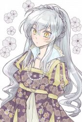 1girl :o aristia_la_monique black_dress blush braid dress flower_(symbol) ina_hangatic jewelry long_hair long_sleeves necklace official_art open_mouth simple_background solo the_abandoned_empress two-tone_dress very_long_hair white_background white_hair yellow_dress yellow_eyes