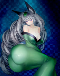 Rule 34 | 1girl, animal ears, ass, bare shoulders, blue eyes, blush, breasts, cleavage, curly hair, fox ears, highres, hinaasagi, huge ass, huge breasts, japanese clothes, kimono, leaf, long hair, looking at viewer, lying, oboro muramasa, on side, parted lips, shiny clothes, shiny skin, silver hair, solo, vanillaware, very long hair, yuzuruha