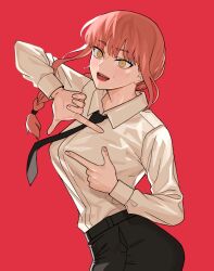 Rule 34 | 1girl, :d, absurdres, black necktie, black pants, braid, braided ponytail, chainsaw man, finger frame, highres, long sleeves, makima (chainsaw man), necktie, open mouth, pants, pose imitation, red background, red hair, ringed eyes, shirt, simple background, smile, solo, sweat, vulcan (ejel2000), white shirt, yellow eyes