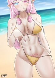Rule 34 | 1girl, :t, abs, absurdres, arm at side, artist name, beach, bell, bikini, blue eyes, blush, breasts, breasts apart, cowboy shot, demon girl, female focus, hair bell, hair ornament, half-closed eyes, hand up, heterochromia, highres, holding, holding clothes, indie virtual youtuber, itzleizy, jingle bell, large breasts, lipstick, long hair, looking at viewer, makeup, muse ts, nail polish, naughty face, ocean, oni, outdoors, pink eyes, pink hair, pink nails, pink tattoo, pointy ears, sidelocks, smile, smug, solo, standing, swimsuit, tattoo, thighs, undressing, virtual youtuber, water, yellow bikini