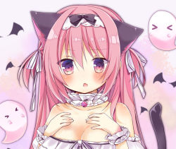 Rule 34 | &gt; &lt;, 1girl, :o, ai 1003, animal ears, bare shoulders, bell, black bow, blush, bow, breasts, cat ears, cat girl, cat tail, cleavage, closed eyes, collarbone, commentary request, fang, ghost, hair between eyes, hair ribbon, hairband, hands on own chest, hands up, jingle bell, looking at viewer, medium breasts, original, parted lips, pink hair, red eyes, ribbon, solo, strapless, tail, tail raised, two side up, upper body, white hairband, white ribbon, wrist cuffs