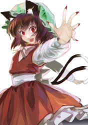 Rule 34 | 1girl, animal ears, cat ears, cat tail, chen, dress, hat, highres, jewelry, long sleeves, looking at viewer, mob cap, multiple tails, nekomata, red dress, red eyes, short hair, solo, tail, touhou, two tails, zeikomi