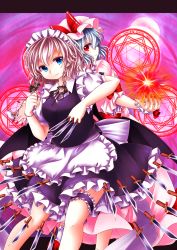 Rule 34 | 2girls, absurdres, apron, back-to-back, between fingers, blue eyes, blue hair, braid, bridal garter, chain, dress, energy ball, fingernails, frilled skirt, frills, full moon, gradient background, greek text, hair ribbon, hat, hexagram, highres, holding, izayoi sakuya, knife, leaning, looking at viewer, looking back, magic circle, maid headdress, mob cap, moon, multiple girls, nail polish, outstretched arms, pink dress, pocket watch, posoposo, puffy short sleeves, puffy sleeves, red eyes, remilia scarlet, ribbon, short hair, short sleeves, silver hair, skirt, skirt set, smile, spread arms, touhou, tress ribbon, twin braids, waist apron, watch, wrist cuffs