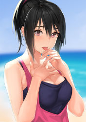 Rule 34 | 1girl, :p, bare arms, bare shoulders, black hair, blue sky, blurry, blurry background, blush, breasts, cleavage, collarbone, crying, crying with eyes open, depth of field, hair between eyes, hand on own chest, hand on own face, hands up, kazakami yuu, looking at viewer, medium breasts, ocean, original, ponytail, purple eyes, short hair, sky, sleeveless, solo, streaming tears, tears, tongue, tongue out, upper body