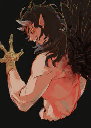 Rule 34 | 1boy, :p, back, black background, black hair, black wings, colored sclera, cracked skin, demon boy, demon horns, fang, feathered wings, hantengu (kimetsu no yaiba), highres, horns, kimetsu no yaiba, kogashi negi, long hair, looking at viewer, male focus, oni, oni horns, orange sclera, pointy ears, signature, simple background, solo, talons, teeth, tongue, tongue out, topless male, upper teeth only, urogi (kimetsu no yaiba), wings, yellow eyes