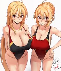 Rule 34 | 2girls, angelica rapha redgrave, bare shoulders, black one-piece swimsuit, blonde hair, blush, braid, braided bun, breasts, cleavage, commission, competition swimsuit, hair bun, hand on own chest, hand on own hip, highleg, highleg one-piece swimsuit, highres, large breasts, long hair, multiple girls, one-piece swimsuit, otome game sekai wa mob ni kibishii sekai desu, pixiv commission, red eyes, red one-piece swimsuit, simple background, smile, swimsuit, two-tone swimsuit, very long hair, white background, yoo tenchi