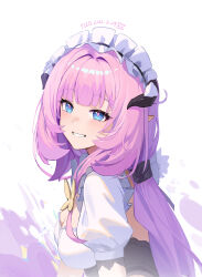 Rule 34 | 1girl, absurdres, black hairband, blue eyes, blush, breasts, cleavage, dated, elysia (honkai impact), fled, frilled hairband, frills, from side, hairband, highres, honkai (series), honkai impact 3rd, horns, long hair, looking at viewer, looking to the side, medium breasts, pink hair, pointy ears, puffy short sleeves, puffy sleeves, shirt, short sleeves, signature, simple background, smile, solo, upper body, very long hair, white background, white shirt