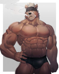 Rule 34 | 1boy, abs, bandaid, bandaid on cheek, bandaid on face, bara, black headband, black male underwear, briefs, brown fur, bulge, cigarette, feet out of frame, furry, furry male, hand on own hip, headband, highres, jitome, large pectorals, looking to the side, male focus, male underwear, muscular, muscular male, navel, neumo, nipples, original, pectorals, short hair, smoking, solo, stomach, strongman waist, thick eyebrows, thick thighs, thighs, topless male, underwear