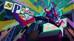 Rule 34 | 1boy, absurdres, boots, electric guitar, guitar, highres, holding, holding instrument, instrument, jumping, male focus, marvel, mask, music, playing instrument, solo, spider-man: across the spider-verse, spider-man (series), spider-punk, spider-verse, spikes, vest, viveehero