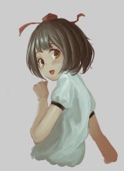 Rule 34 | 1girl, blush, brown eyes, brown hair, cropped arms, cropped torso, fjsmu, from behind, grey background, hand up, hat, highres, looking at viewer, looking back, open mouth, puffy short sleeves, puffy sleeves, red hat, shameimaru aya, shirt, short hair, short sleeves, simple background, smile, solo, tokin hat, touhou, upper body, white shirt