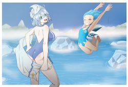 Rule 34 | 2girls, artist name, ass, blue eyes, blue hair, breasts, building, castle, cirno, fog, glacier, grey hair, hair blowing, highres, ice shard, large breasts, letty whiterock, multiple girls, noldvano, number print, ocean, one-piece swimsuit, small breasts, smile, swimsuit, touhou, towel