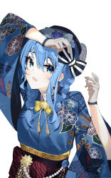 Rule 34 | 1girl, arm up, beret, blue eyes, blue hair, blue kimono, bow, braid, earrings, fishnet gloves, fishnets, floral print, gloves, hair between eyes, hair bow, hat, hat bow, hololive, hoshimachi suisei, hoshimachi suisei (new year), japanese clothes, jewelry, kimono, long hair, long sleeves, looking at viewer, mania (fd6060 60), obi, open mouth, sash, simple background, solo, star (symbol), star earrings, star in eye, striped, striped bow, symbol in eye, tassel, twin braids, upper body, virtual youtuber, white background, wide sleeves, yellow neckwear, yukata