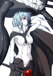 Rule 34 | 10s, 1girl, abyssal ship, bodysuit, cape, gloves, highres, kantai collection, long hair, monster, niwatazumi, pale skin, personification, red eyes, silver hair, solo, staff, wo-class aircraft carrier