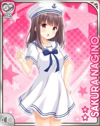 Rule 34 | 1girl, :o, anchor, bow, breasts, brown eyes, brown hair, card (medium), dress, finger wagging, girlfriend (kari), hand on own hip, hat, large breasts, medium hair, nagino sakura, official art, open mouth, pink background, qp:flapper, sailor dress, sailor hat, shoes, socks, solo, standing, tagme, white dress