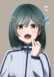 Rule 34 | 1girl, ajapar, black hair, blush, fang, fangs, hair ornament, hair ribbon, highres, jacket, jersey, looking at viewer, love live!, love live! school idol festival all stars, mifune shioriko, open mouth, orange eyes, ribbon, short hair, simple background, solo, swept bangs, tongue, track jacket, track suit, triangle hair ornament, x hair ornament