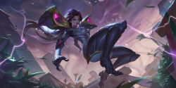 Rule 34 | 1girl, armor, bodysuit, breasts, building, city, cleavage, closed mouth, cloud, collarbone, dark clouds, detached wings, facial mark, fighting, fighting stance, floating hair, forehead mark, forehead tattoo, grass, highres, house, jumping, kai&#039;sa, kudos3d, leaf, league of legends, legends of runeterra, light, lightning, long hair, looking at viewer, magic, medium breasts, official art, outdoors, outstretched arms, plunging neckline, purple bodysuit, purple eyes, purple hair, purple lightning, purple lips, serious, shoulder armor, skin tight, sky, solo, tattoo, thighs, tornado, tree, wind, wings
