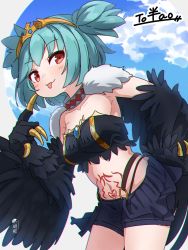 Rule 34 | 1girl, :p, absurdres, black shorts, black wings, blue hair, blue sky, character name, cloud, collarbone, commission, cowboy shot, feathered wings, feathers, fur, hand on own hip, harpy, highres, indie virtual youtuber, kuro kosyou, leaning forward, lincoro, looking at viewer, monster girl, navel, pubic tattoo, short hair, shorts, signature, skeb commission, sky, solo, tattoo, tongue, tongue out, virtual youtuber, wings