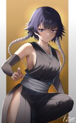 Rule 34 | 1girl, absurdres, bare shoulders, black hair, black kimono, black sleeves, bleach, blunt bangs, border, breasts, brown background, closed mouth, commentary, detached sleeves, eyelashes, fighting stance, grey eyes, hand up, highres, hip vent, izei1337, japanese clothes, kimono, knee up, light blush, light smile, long sleeves, looking at viewer, medium breasts, sash, short hair with long locks, sideless kimono, signature, simple background, sleeveless, sleeveless kimono, solo, sui-feng, tsurime, v-shaped eyebrows, white border, white sash
