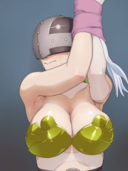 Rule 34 | 1girl, :&gt;, angel, angel wings, angewomon, armor, bare shoulders, bdsm, blonde hair, blush, bondage, bound, breastplate, breasts, cleavage, covered face, digimon, digimon (creature), feathered helmet, feathers, female focus, gradient background, helmet, highres, large breasts, long hair, muramura hito, solo, tears, wings