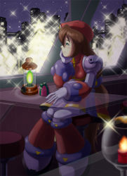 Rule 34 | 1girl, android, beret, box, brown hair, candle, head rest, christmas, cityscape, dress, female focus, gift, gift box, glass table, glint, gloves, green eyes, hair between eyes, hat, iris (mega man), long hair, low-tied long hair, napo, mega man (series), mega man x (series), mega man x4, sitting, smile, solo, sparkle, table, very long hair, white gloves, window