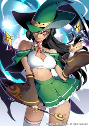 Rule 34 | 1girl, black hair, breasts, copyright name, hat, looking at viewer, makio00, mask, medium breasts, one eye covered, red eyes, sid story, skirt, solo, thighhighs, wand, witch hat, wizard, wizard hat