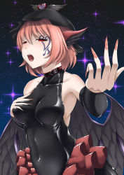 Rule 34 | 1girl, absurdres, alternate costume, animal ears, bird ears, bird wings, black wings, breasts, collarbone, corruption, covered navel, dark persona, facial mark, feathered wings, fingernails, hand on own chest, hat, heart, highres, inyuppo, large breasts, latex, long fingernails, mob cap, music, mystia lorelei, open mouth, pink hair, red eyes, sharp fingernails, shiny clothes, short hair, singing, skin tight, teeth, touhou, upper teeth only, winged hat, wings