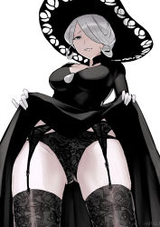 Rule 34 | 1girl, artist name, black dress, black hat, breasts, cleavage cutout, clothing cutout, cogita (pokemon), collarbone, creatures (company), dress, eyelashes, game freak, garter belt, garter straps, gloves, gluteal fold, grey hair, hair over one eye, hat, highres, lace, lace-trimmed legwear, lace-trimmed panties, lace trim, large breasts, lifted by self, mature female, nintendo, open mouth, oyatsu 0, panties, pokemon, pokemon legends: arceus, short hair, simple background, skindentation, smile, solo, thick thighs, thighhighs, thighs, underwear, white background, white gloves