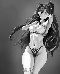 Rule 34 | 1girl, absurdres, bare shoulders, bra, breasts, curvy, detached sleeves, earrings, fate/grand order, fate (series), floating hair, greyscale, highres, hoop earrings, ishtar (fate), jewelry, l2tp, long hair, medium breasts, monochrome, navel, one eye closed, shiny skin, single thighhigh, strapless, thighhighs, thighs, thong, twintails, underwear, very long hair, wide hips, wink