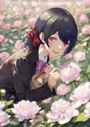 1girl :d black_hair black_jacket bow bowtie day field flower flower_field hair_bow idolmaster idolmaster_shiny_colors jacket long_sleeves looking_at_viewer morino_rinze niac open_mouth outdoors pink_flower red_eyes smile solo striped_bow striped_bowtie striped_clothes