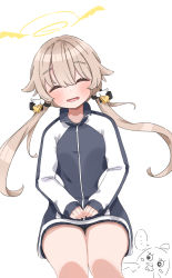 Rule 34 | 1girl, alternate costume, blue archive, blush, commentary request, closed eyes, hair ornament, halo, hifumi (blue archive), highres, jacket, light brown hair, long hair, low twintails, open mouth, peroro (blue archive), roton3737, shorts, solo, track jacket, twintails, white background