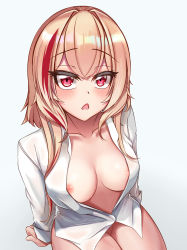Rule 34 | 1girl, airbo, arms behind back, blonde hair, blush, breasts, collarbone, girls&#039; frontline, highres, idolmaster, idolmaster cinderella girls, long hair, looking at viewer, m4 sopmod ii (girls&#039; frontline), medium breasts, multicolored hair, nipples, open mouth, red eyes, shirt, sitting, solo, white background, white shirt
