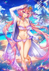 Rule 34 | 1girl, :d, age of ishtaria, arm up, bare legs, bare shoulders, beach, bikini, bird, blue sky, blush, braid, brandt (age of ishtaria), breasts, cleavage, cloud, coat, collarbone, copyright name, copyright notice, frilled bikini, frills, hair ornament, highres, jewelry, large breasts, long hair, looking at viewer, low twintails, munlu (wolupus), navel, necklace, ocean, official art, open clothes, open coat, open mouth, palm tree, pink hair, purple bikini, purple eyes, sandals, seagull, sky, smile, solo, starfish, starfish hair ornament, swimsuit, tree, twintails