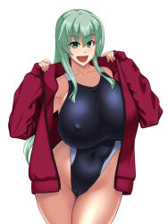 Rule 34 | 1girl, breasts, cleft of venus, competition swimsuit, green hair, huge breasts, kantai collection, kawanuma uotsuri, long hair, one-piece swimsuit, smile, solo, suzuya (kancolle), swimsuit