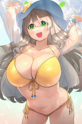 Rule 34 | 1girl, absurdres, arms up, bikini, blue archive, breasts, cleavage, collarbone, front-tie bikini top, front-tie top, hat, highres, large breasts, light brown hair, long hair, nonomi (blue archive), nonomi (swimsuit) (blue archive), official alternate costume, revision, see-through, side-tie bikini bottom, simple background, solo, string bikini, sun hat, swimsuit, ubo (ubo tales), very long hair, white background, yellow bikini