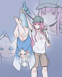 Rule 34 | 2girls, barefoot, baseball cap, blue eyes, blue hair, blunt bangs, bottomless, crossed legs, fins, fish tail, fishing line, fishing rod, gawr gura, hat, highres, holding, holding fishing rod, holding tail, hololive, hololive english, long hair, moral cacoethes, mori calliope, multicolored hair, multiple girls, navel, pink hair, shark tail, shorts, streaked hair, tail, upside-down, virtual youtuber, white hair